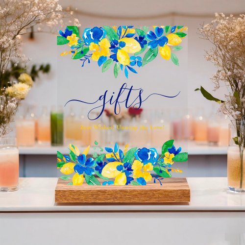 Blue yellow lemons floral gifts bridal shower acrylic sign