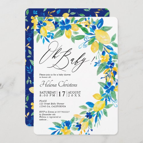 Blue yellow lemons floral watercolor baby shower invitation - Blue yellow lemons floral watercolor baby shower,with pretty citrus lemons fruits, blue and greenery Italian Mediterranean style floral watercolor baby shower with a beautiful script calligraphy. Oh Baby! Perfect romantic and elegant neutral baby shower.