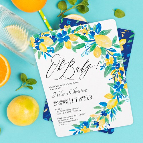 Blue yellow lemons floral watercolor baby shower invitation