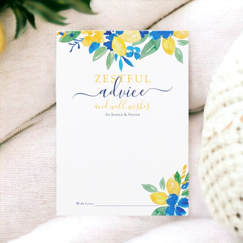 Blue yellow lemons floral watercolor bridal advice invitation