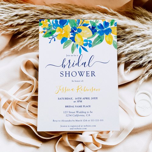 Blue yellow lemons floral watercolor bridal shower invitation