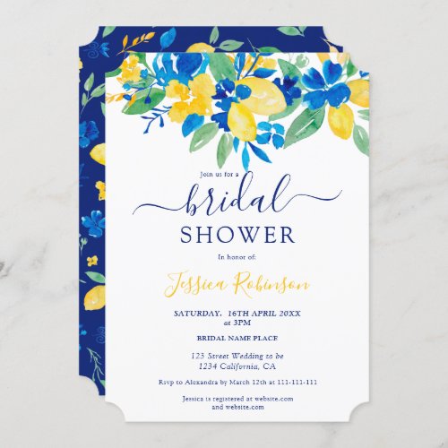 Blue yellow lemons floral watercolor bridal shower invitation - Modern and Bright botanical floral watercolor bridal shower with blue, green and yellow lemons watercolor , a vibrant flowers arrangement with and elegant and modern script font, perfect for the Italian European style bridal brunch or luncheon.