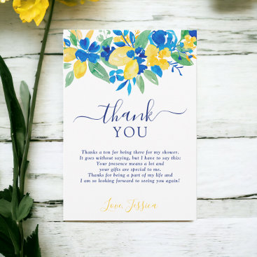 Blue yellow lemons floral watercolor bridal shower thank you card