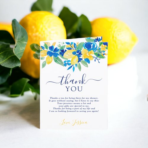 Blue yellow lemons floral watercolor bridal shower thank you card