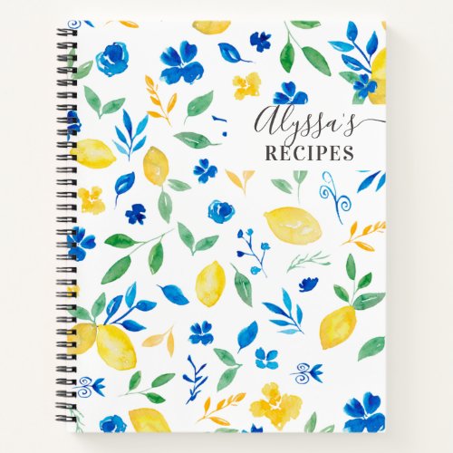 Blue yellow lemons floral watercolor pattern notebook