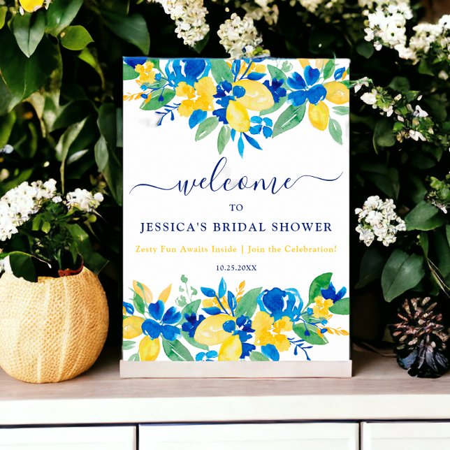 Blue yellow lemons floral welcome bridal shower poster (Blue yellow lemons floral welcome bridal shower poster)