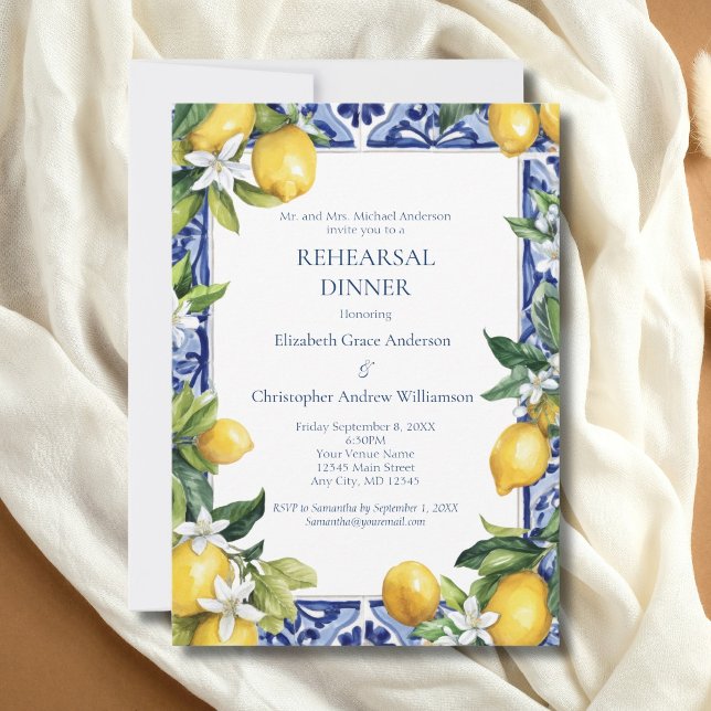 Blue Yellow Lemons Mediterranean Rehearsal Dinner  Invitation (Blue White Tile, Mediterranean Lemons Wedding Rehearsal Dinner Invitation. Printed or Digital)