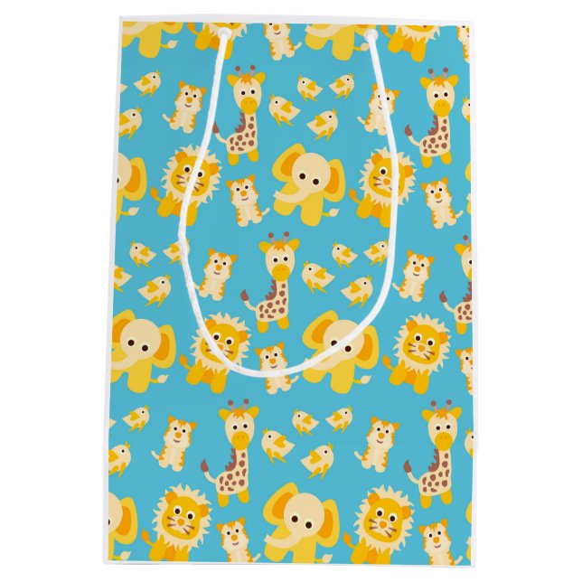 Blue Yellow Lions Elephants Safari animals Medium Gift Bag (Back)