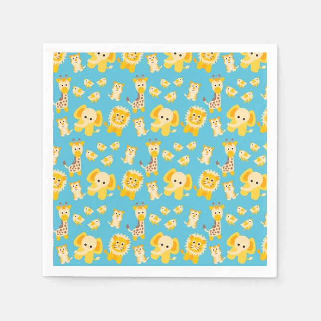 Blue Yellow Lions Elephants Safari animals Napkins (Front)