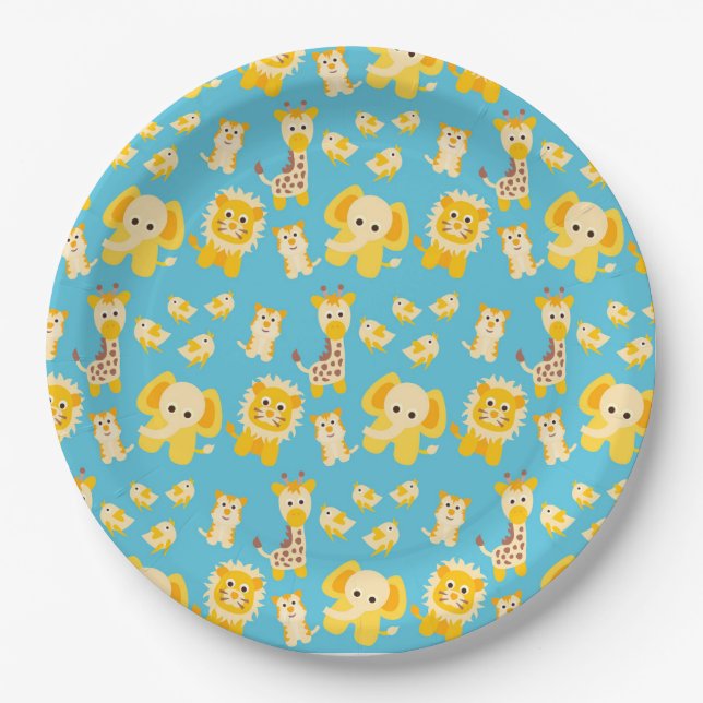 Blue Yellow Lions Elephants Safari animals Paper Plates (Front)