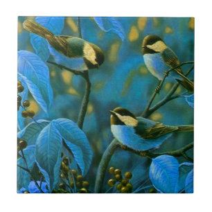 Blue yellow little birds ceramic tile