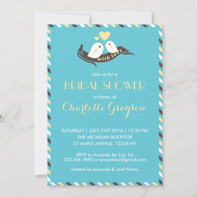 Blue Yellow Love Birds Bridal Shower Invitation (Front)