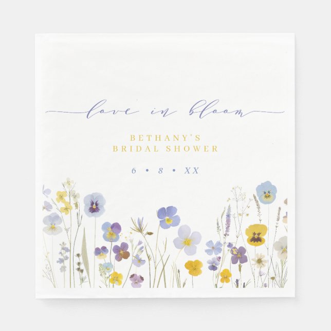 Blue & Yellow Love in Bloom Floral Bridal Shower Napkins (Front)