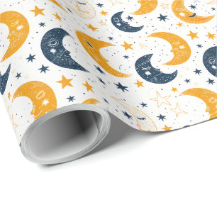 Blue Yellow Lullaby Moon and Stars Wrapping Paper