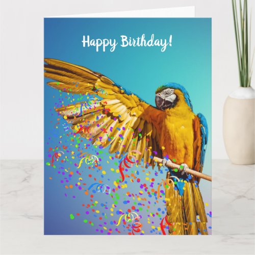 Blue  Yellow Macaw Throws Confetti       Card