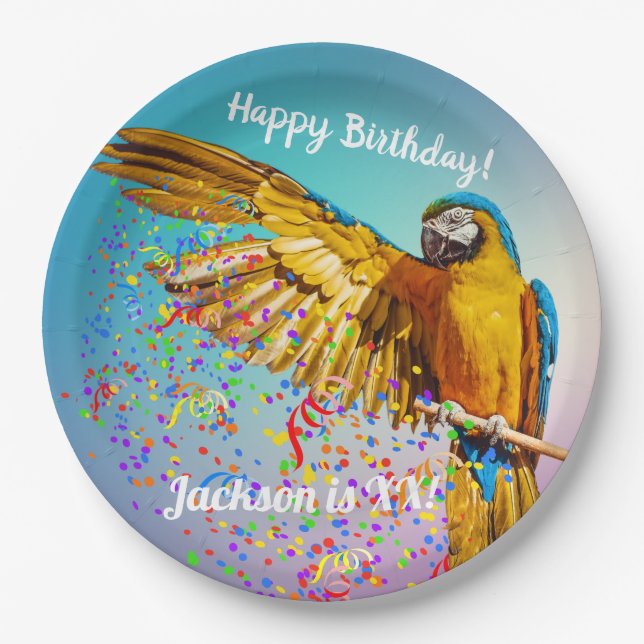 Blue & Yellow Macaw Throws Confetti      Paper Pla Plates (Front)