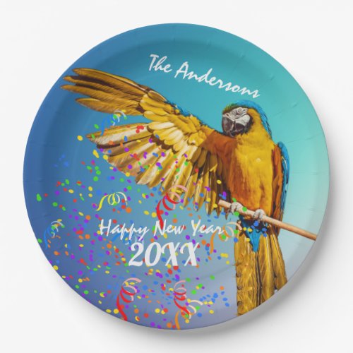 Blue  Yellow Macaw Throws Confetti  Paper Plates