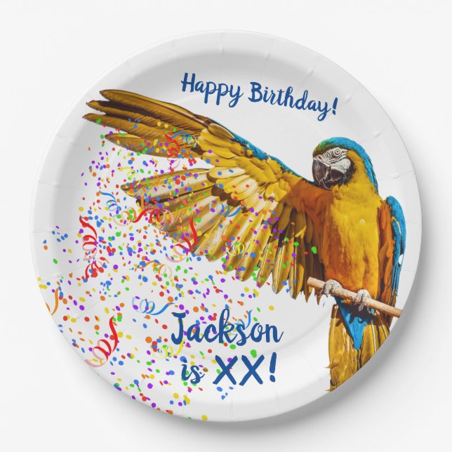 Blue & Yellow Macaw Throws Confetti      Paper Plates (Front)