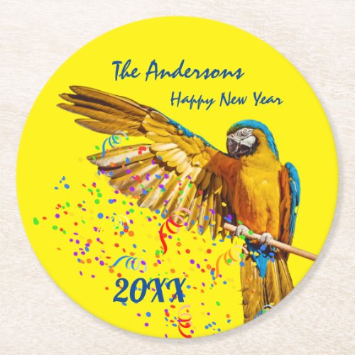 Blue  Yellow Macaw Throws Confetti     Round Paper Coaster