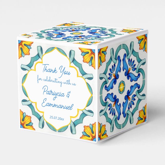 Blue yellow Majolica tiles Mediterranean custom Favor Boxes (Front Side)