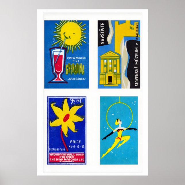 Blue & Yellow Matchbox Labels Grid Print, Vintage Poster (Front)