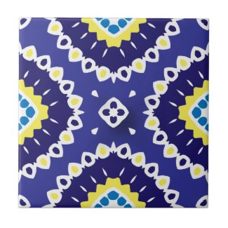 Blue Yellow Mediterranean Azulejos Mosaic Pattern Ceramic Tile
