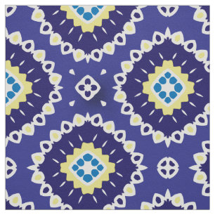 Blue Yellow Mediterranean Azulejos Mosaic Pattern Fabric