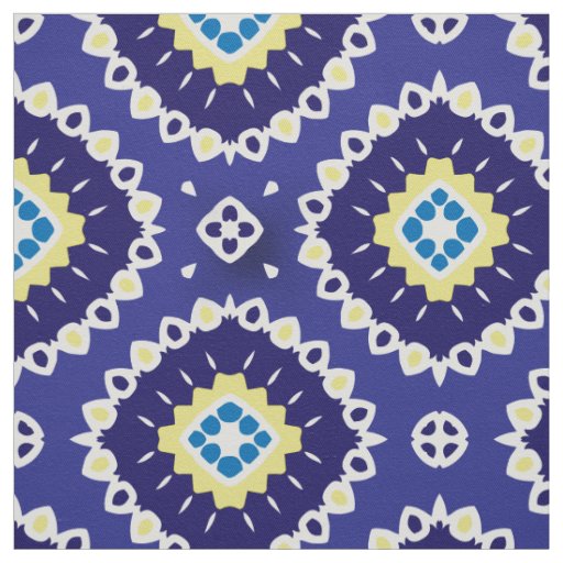 Blue Yellow Mediterranean Azulejos Mosaic Pattern Fabric