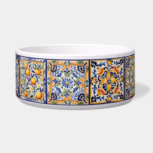 Blue & Yellow Mediterranean Floral Folk Art Tile Bowl (Left)