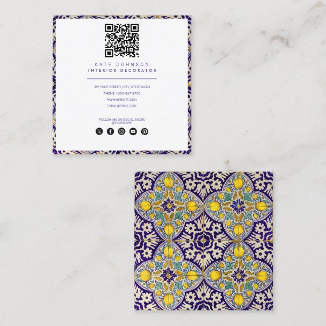 Blue Yellow Mediterranean Interior Designer Square Business Card (Front/Back)