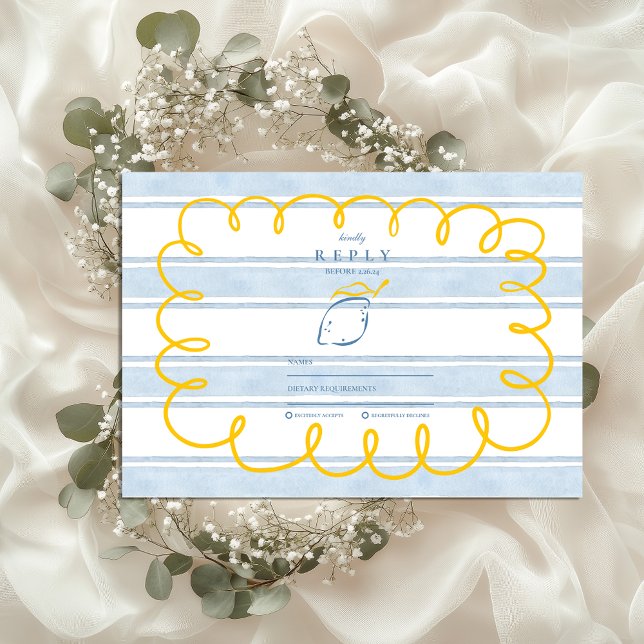 Blue Yellow Mediterranean Lemon Wedding RSVP Card (Creator Uploaded)