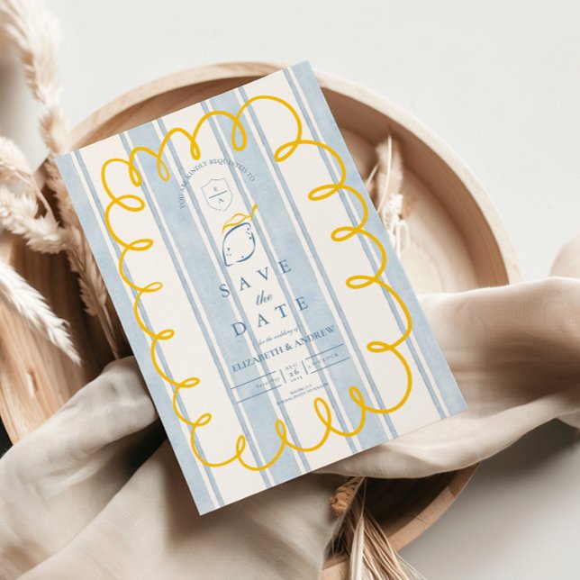 Blue Yellow Mediterranean Lemon Wedding Save The Date (Creator Uploaded)