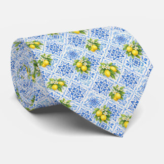 Blue Yellow Mediterranean Lemons Italian Amalfi Neck Tie