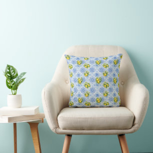 Blue Yellow Mediterranean Lemons Italian Amalfi Throw Pillow