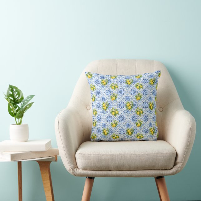 Blue Yellow Mediterranean Lemons Italian Amalfi Throw Pillow (Chair)