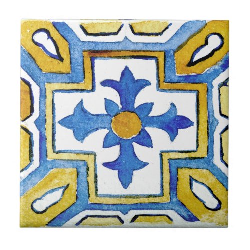 Blue  Yellow Mediterranean Patterned Watercolor Ceramic Tile