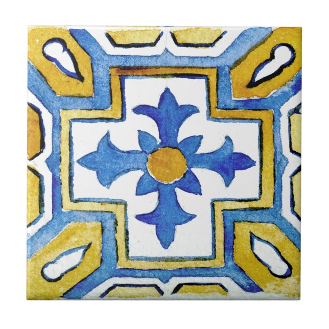Blue & Yellow Mediterranean Patterned Watercolor Ceramic Tile (Front)