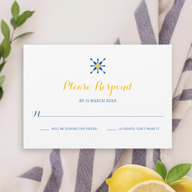 Blue Yellow Mediterranean Tile Icon Wedding RSVP Card (Creator Uploaded)