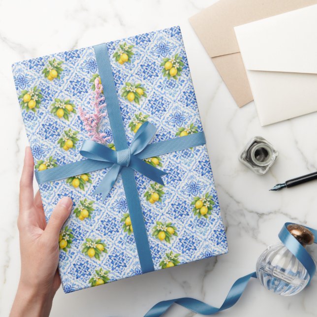 Blue Yellow Mediterranean Tile Lemon Bridal Shower Wrapping Paper (Gifting)