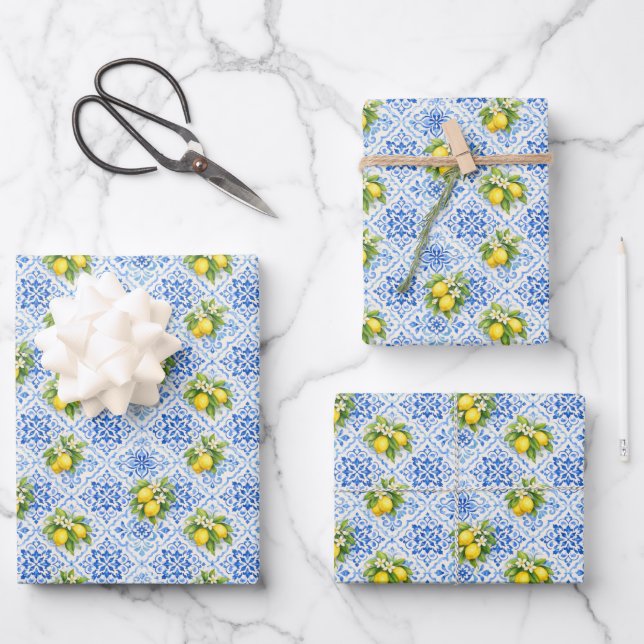 Blue Yellow Mediterranean Tile Lemons Italian  Wrapping Paper Sheets (Front)