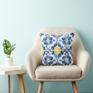 Blue & Yellow Mediterranean Tile – Modern Coastal  Throw Pillow