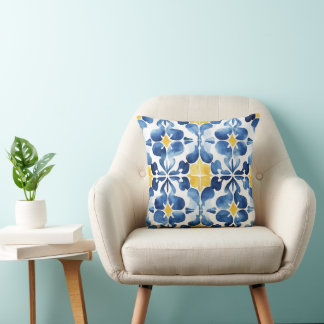 Blue & Yellow Mediterranean Tile – Modern Coastal Throw Pillow