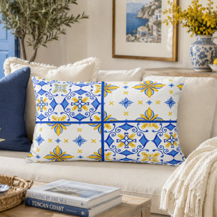 Blue Yellow Mediterranean Tile Patchwork Accent Pillow
