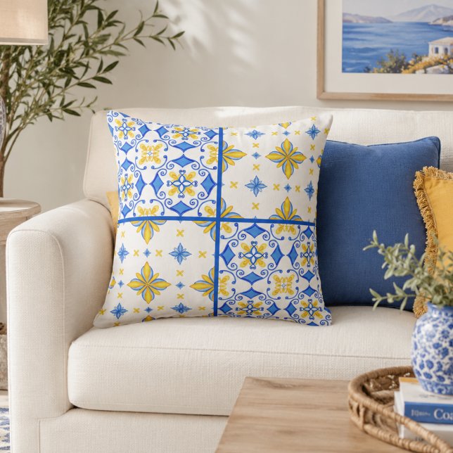Blue Yellow Mediterranean Tile Patchwork  Throw Pillow (Creator Uploaded)
