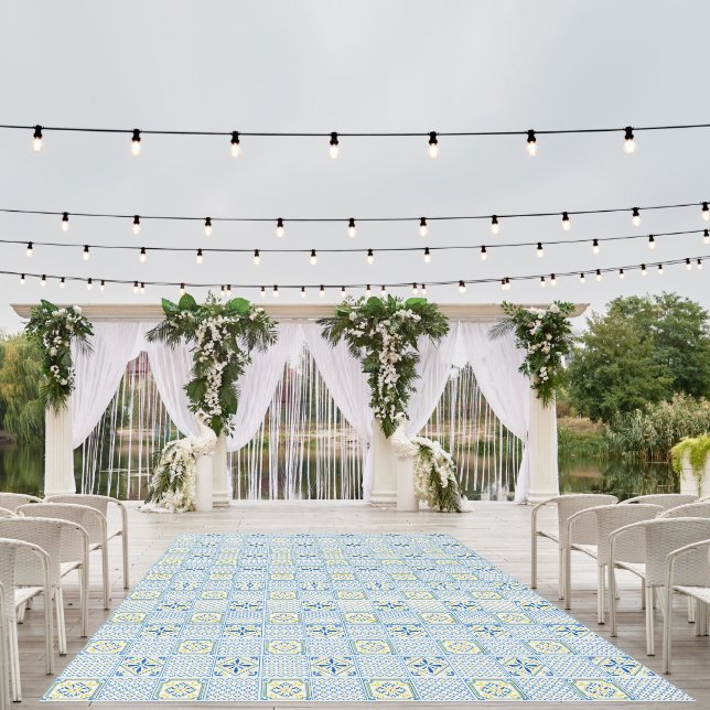 Blue & Yellow Mediterranean Tile Pattern Outdoor Rug (Insitu (Wedding 1))
