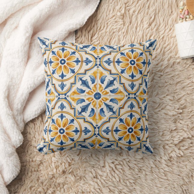 Blue Yellow Mediterranean Tile Throw Pillow (Blanket)
