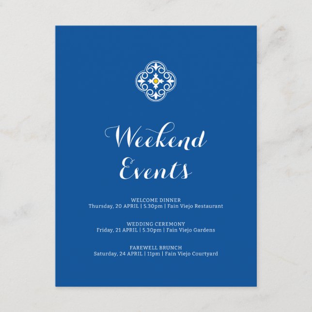 Blue Yellow Mediterranean Tile Wedding Weekend Enclosure Card (Front)