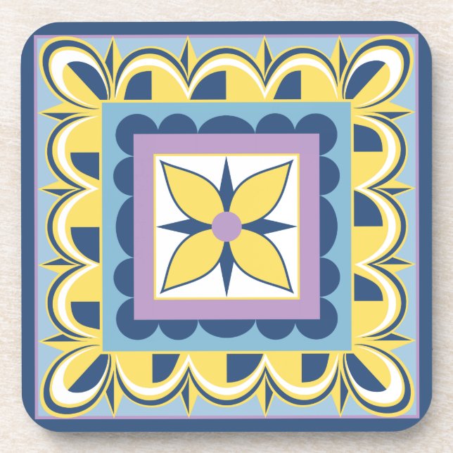 Blue & Yellow Mexican Talavera Tile Beverage Coaster (Front)