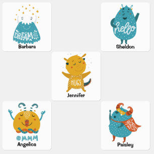 Blue yellow monster motivational back to school  kids' labels