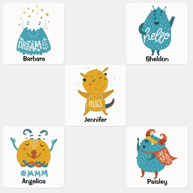 Blue yellow monster motivational back to school  kids' labels (Group)